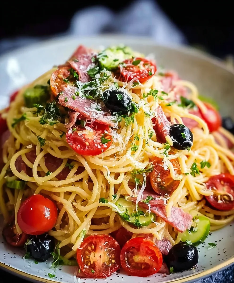 Spaghettisalat: Tomaten, Beef, Salami, Oliven Rezept