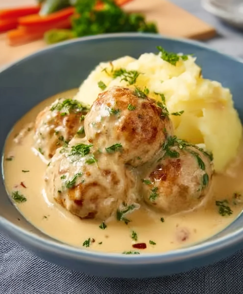 Herzhafte Rinderhackbällchen mit cremiger Sauce & Püree