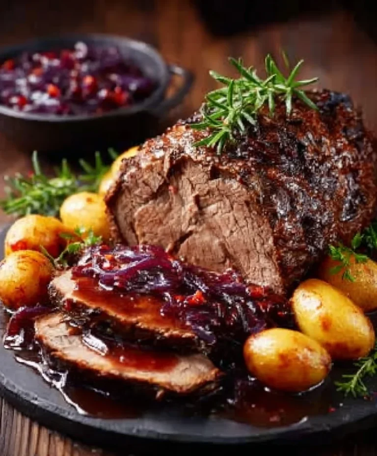 Festlicher Rinderbraten: Rotwein-Zwiebelsauce [Non-Alc]