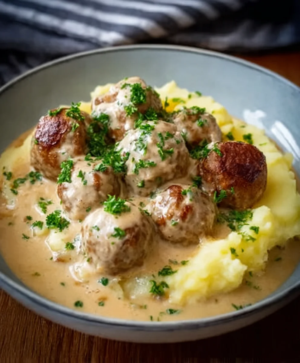 Herzhafte Rinderhackbällchen mit cremiger Sauce & Püree