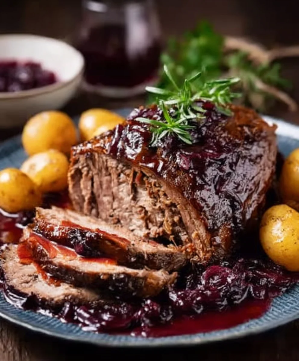 Festlicher Rinderbraten: Rotwein-Zwiebelsauce [Non-Alc]