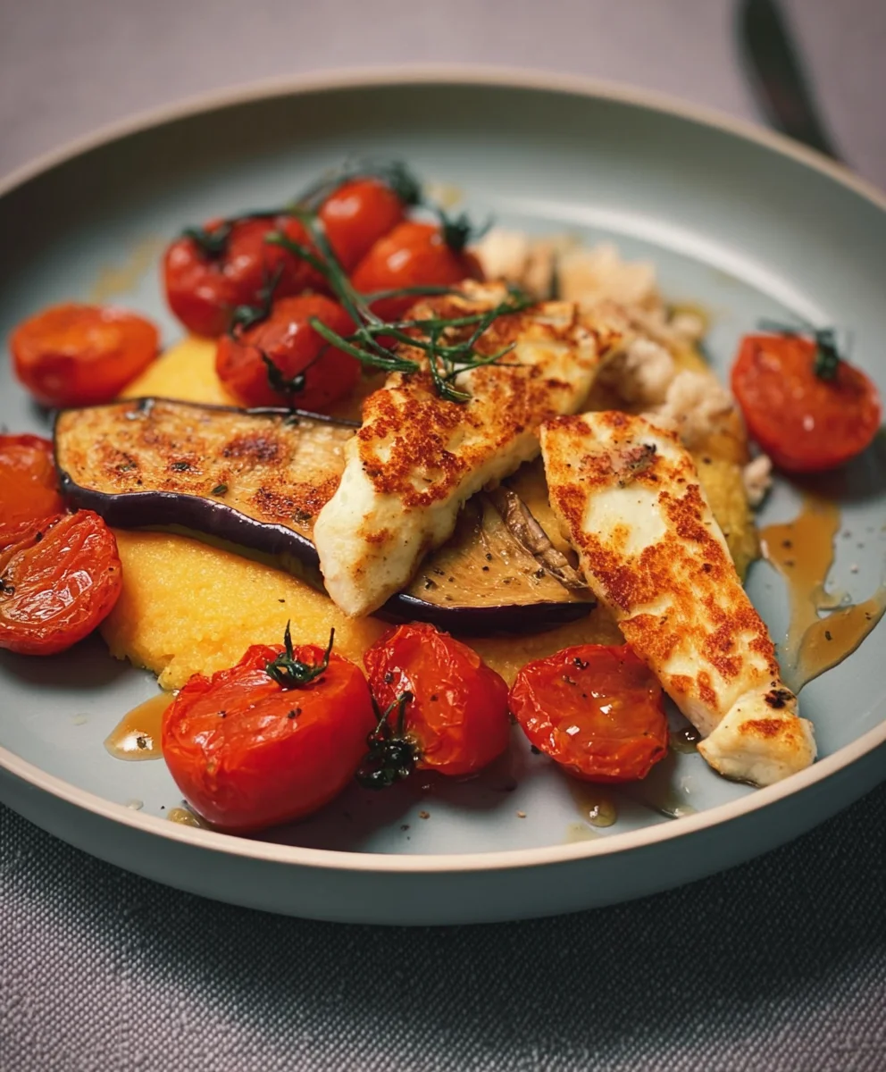 Tomaten-Polenta: Honig-Halloumi & Aubergin extracten. Köstlich!