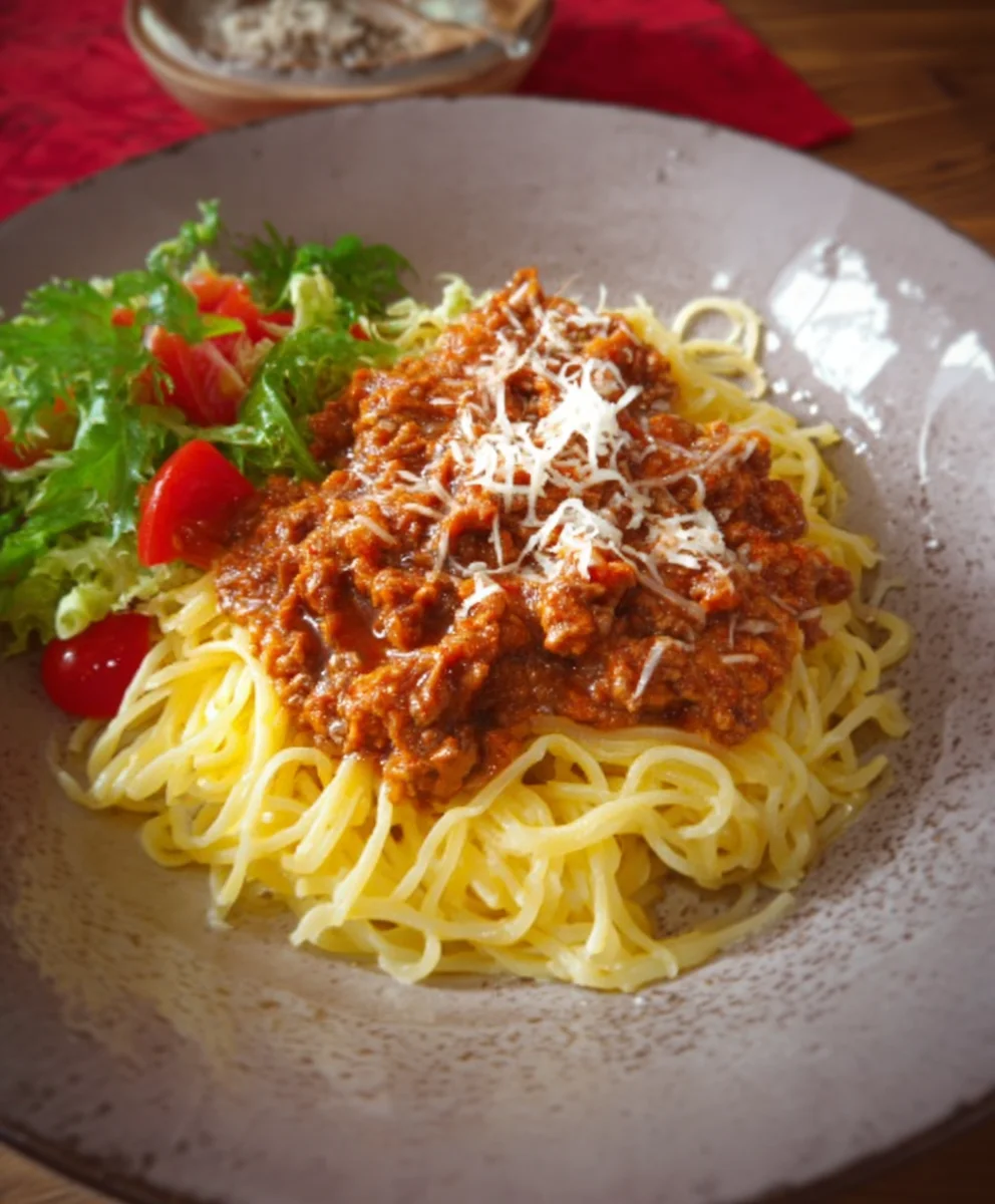 Schnelle Spaghetti Bolognese (Rind) mit Roma Salat